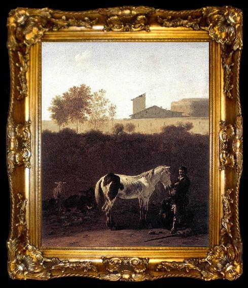 framed  Karel Dujardin Italian Landscape with Herdsman and a Piebald Horse, ta009-2